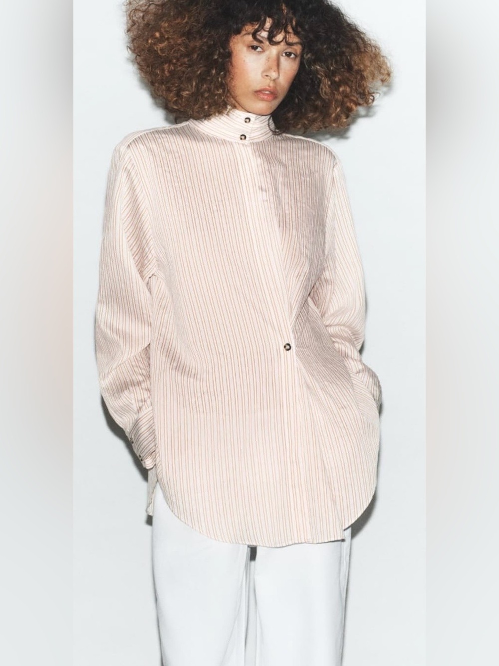 Zara Light Blush Pinstripe High-Neck Button Shirt